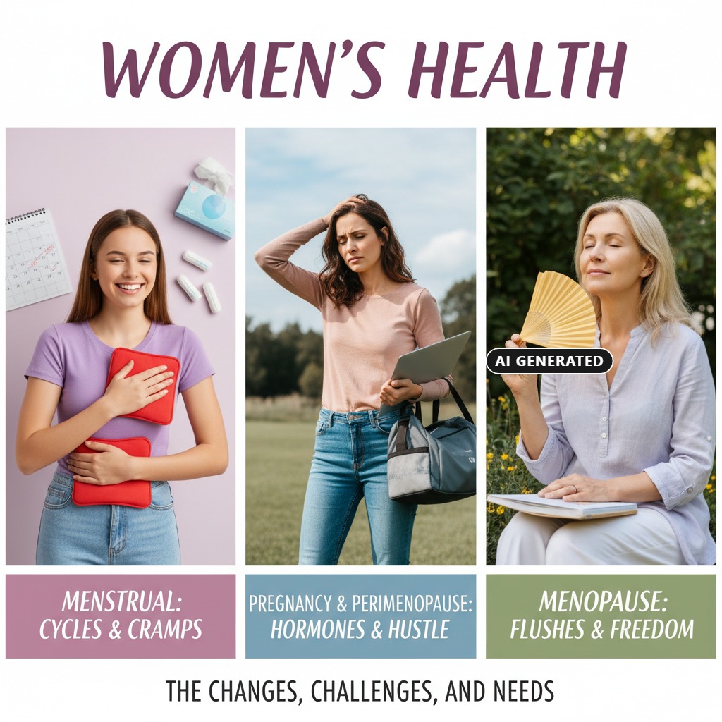 AI Generated: A collage of three women representing different stages of women's health with headings for Menstrual, Pregnancy & Perimenopause, and Menopause.