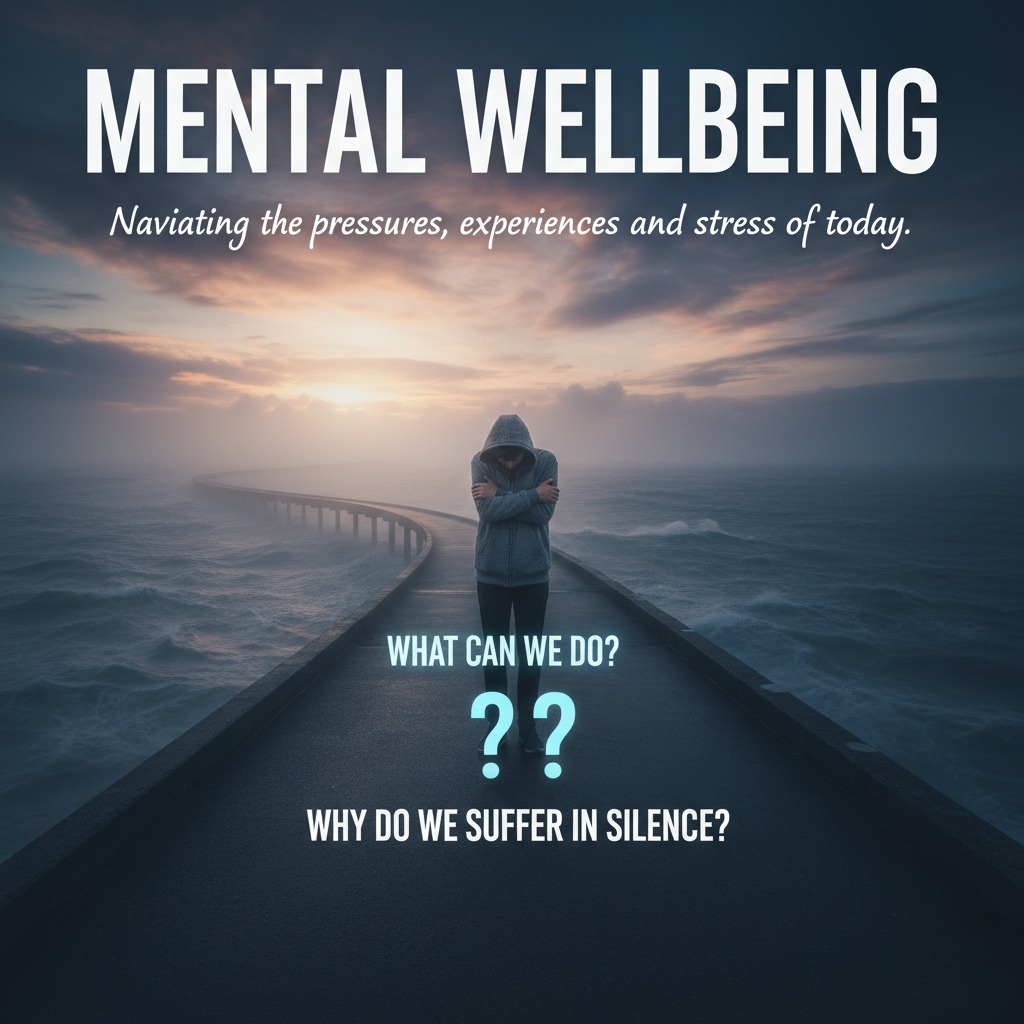 A person in a hoodie stands on a bridge over a moody sea under a cloudy sunset sky, accompanied by text about mental wellbeing and questions about suffering in silence.