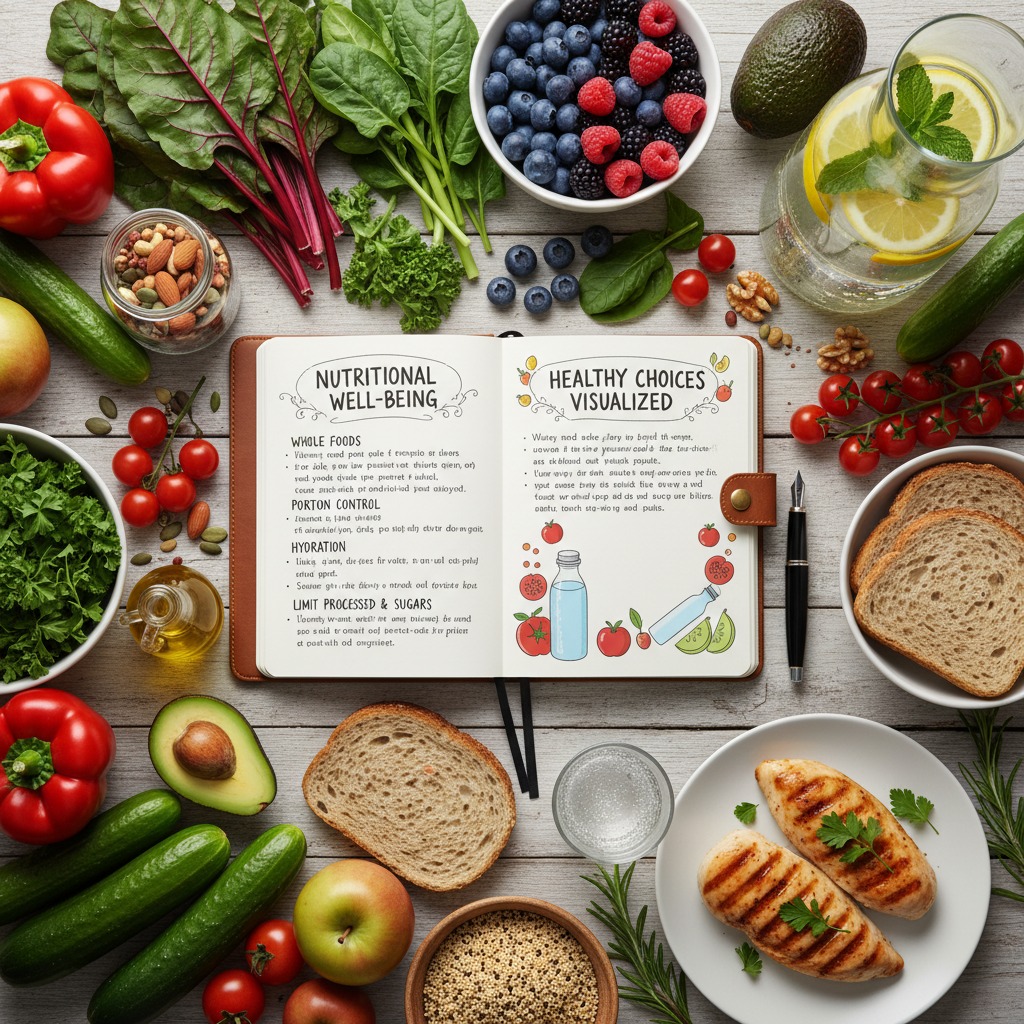 A flat lay composition on a rustic wooden table features an open nutrition journal surrounded by fresh produce, whole grain bread, grilled chicken breasts, and a glass of infused water.