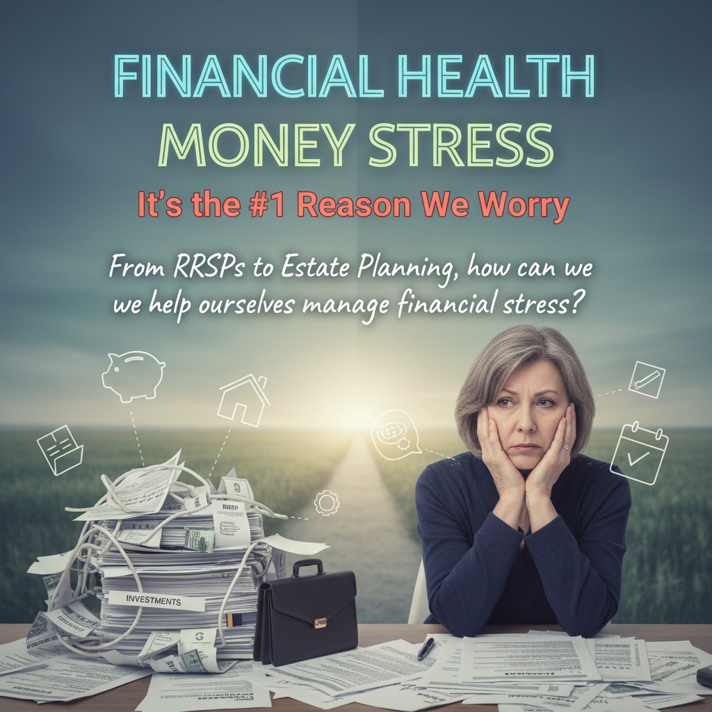 A concerned woman sits at a desk with a large pile of paperwork and a briefcase, with overlaid text about financial health and money stress.